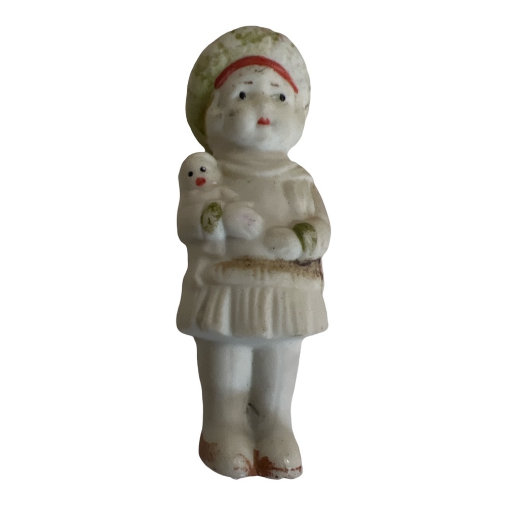 1930’s Porcelain Bisque Figurine of Little Girl Holding Doll, Made in Japan‎